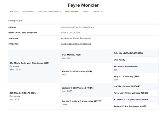 Карточка пони Feyre Moncler в информационно-поисковой системе КОНИ-3